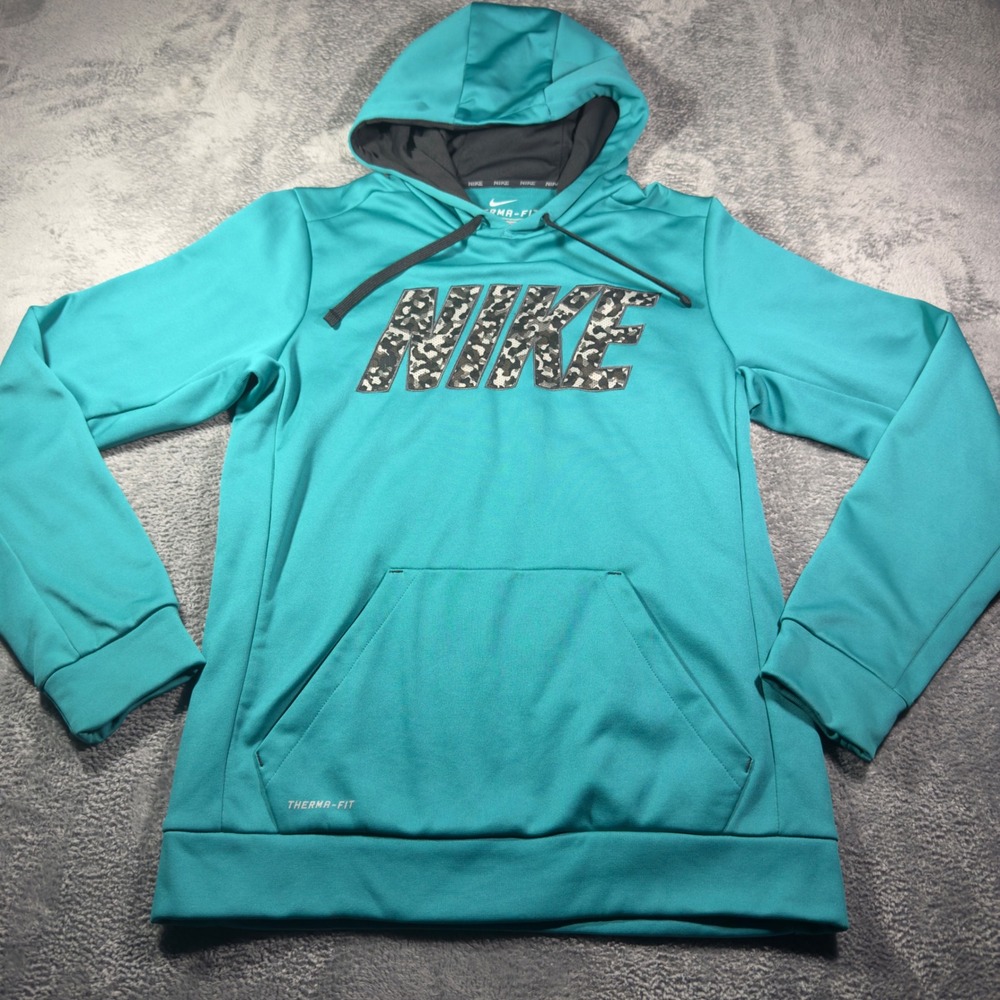 Nike Therma-FIT Mens Small Teal Blue Camo Logo Pullover Hoodie Sweatshirt